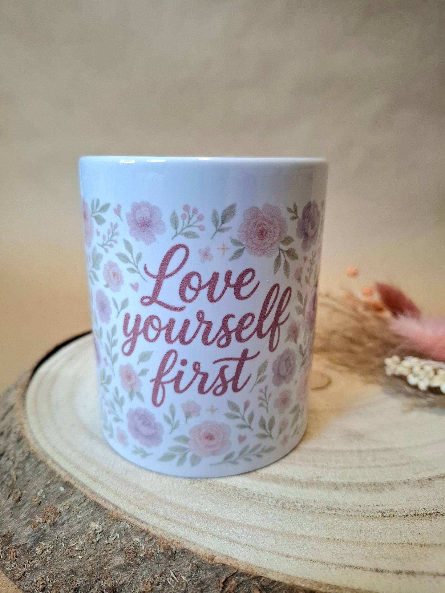 Keramiktasse, 340ml, florales Design, love yourself first